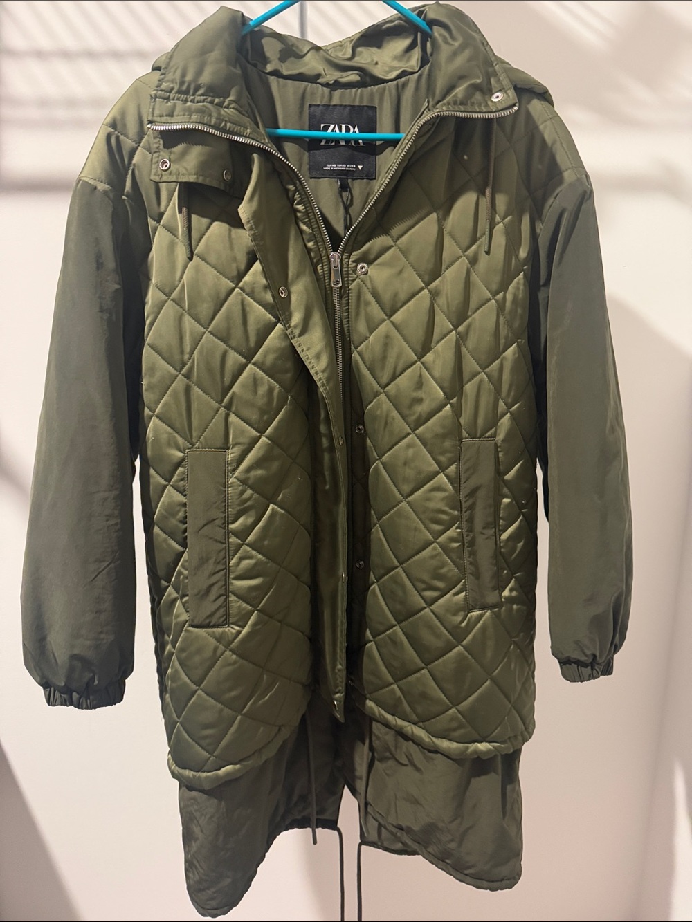 Zara Olive Quilted Hooded Puffer Coat